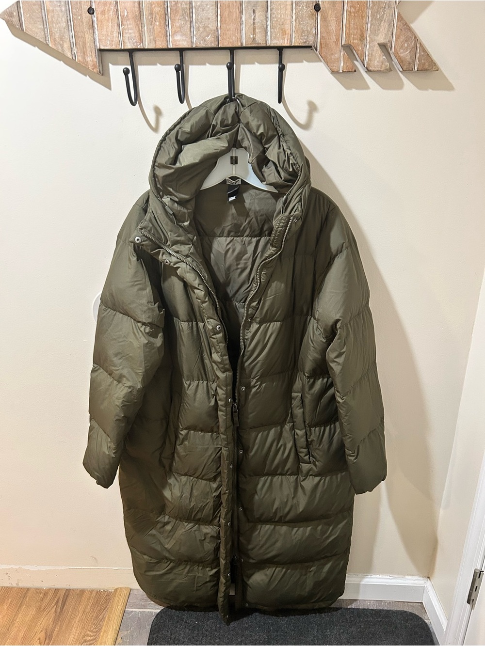 Eddie Bauer Olive Green Long Quilted Hooded Puffer Coat